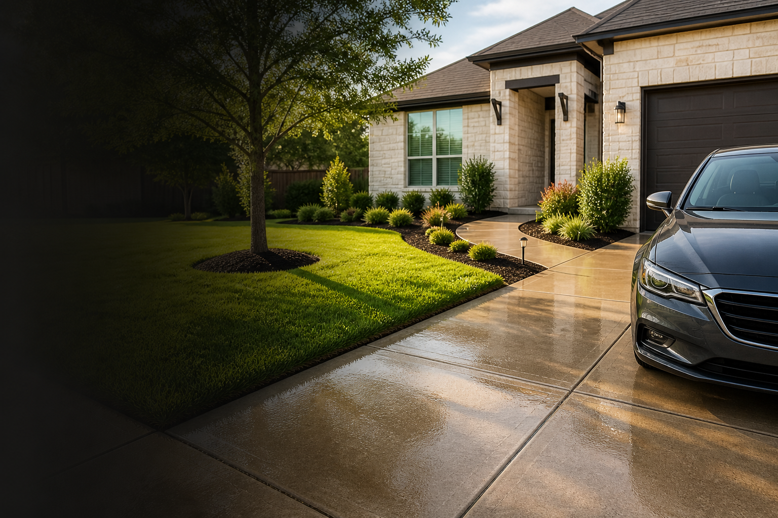 Clean home exterior, lawn, mulch beds, driveway, windows, and car