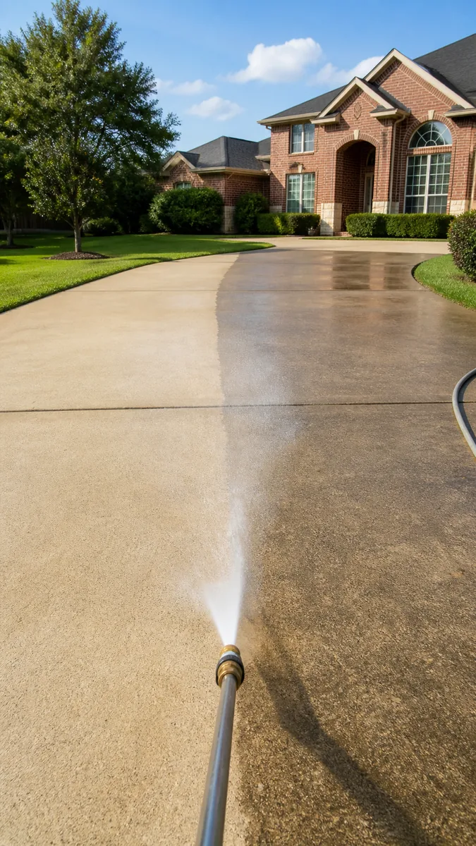 Driveway being cleaned with a pressure washer